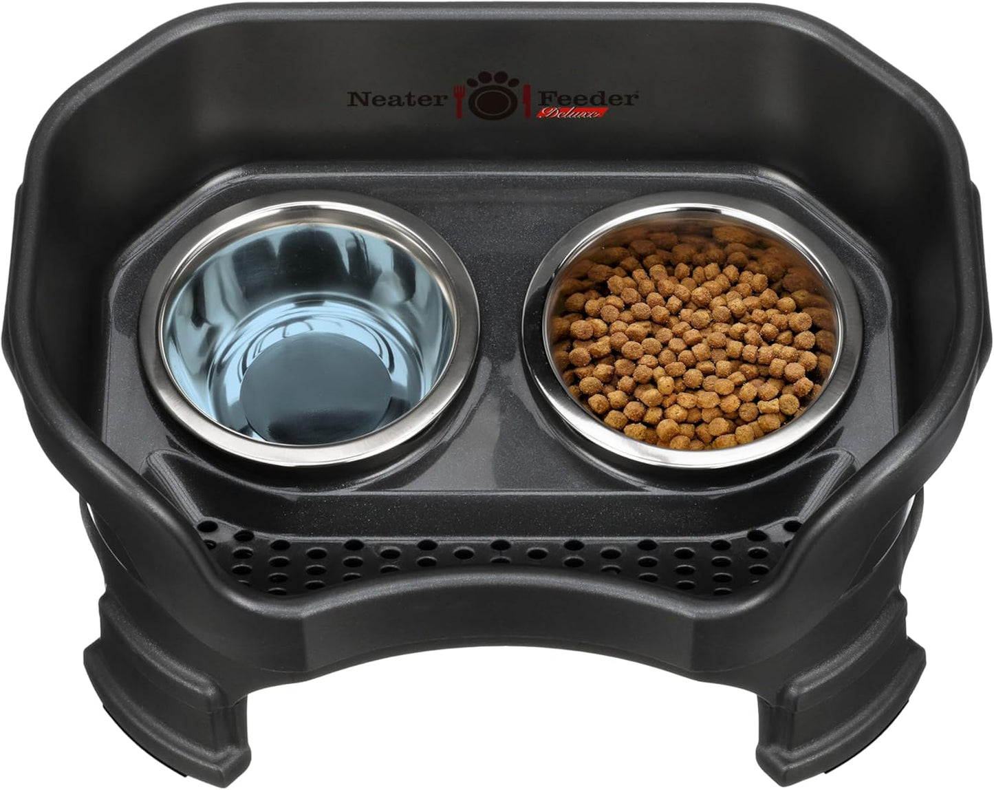 Neater Feeder Deluxe Elevated Dog Bowl Set for Small Breeds (Up to 19 lbs) – Adjustable Heights (6” & 7.5”), No-Spill Design, Stainless Steel Bowls, Made in USA, Black