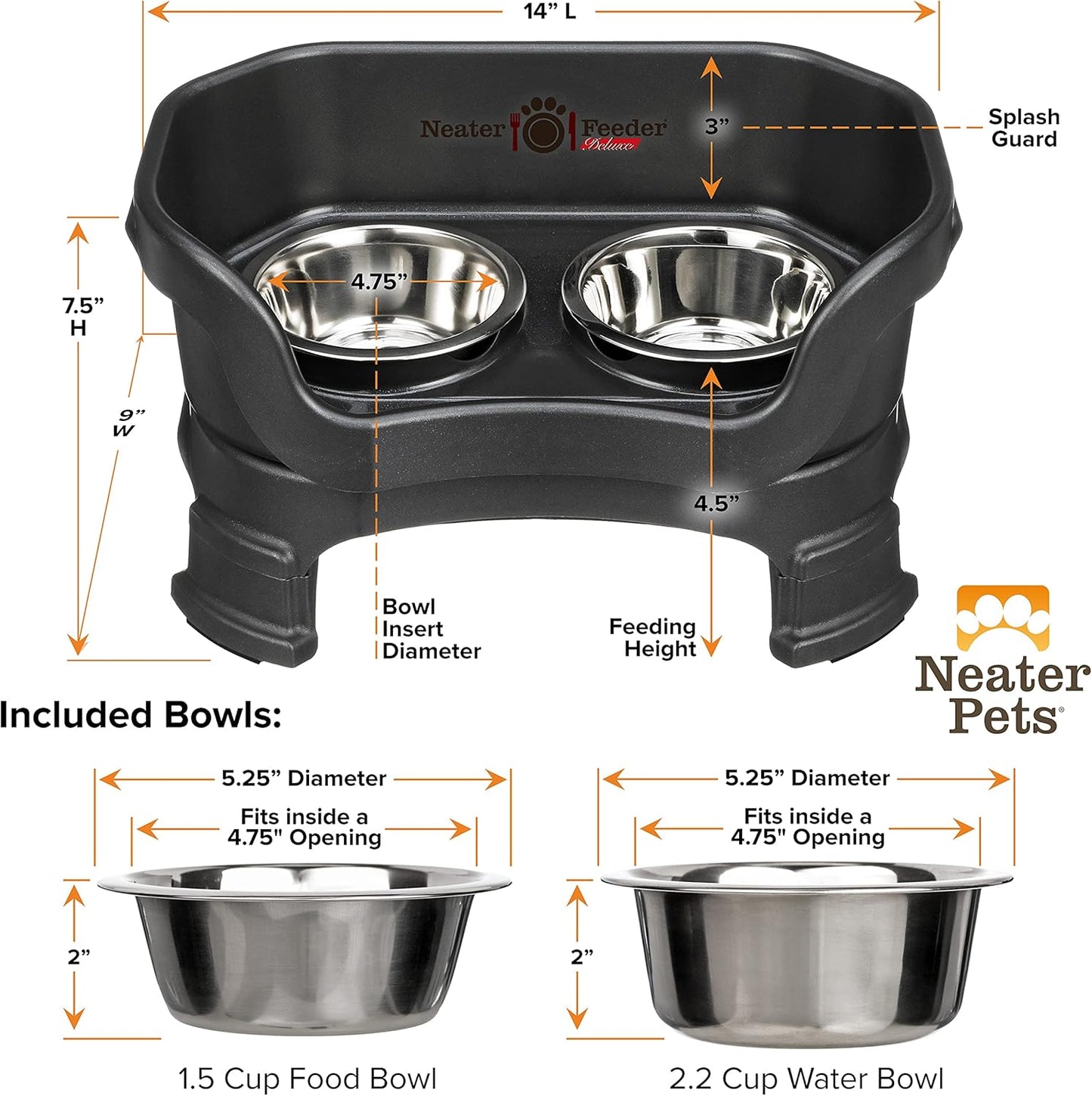 Neater Feeder Deluxe Elevated Dog Bowl Set for Small Breeds (Up to 19 lbs) – Adjustable Heights (6” & 7.5”), No-Spill Design, Stainless Steel Bowls, Made in USA, Black