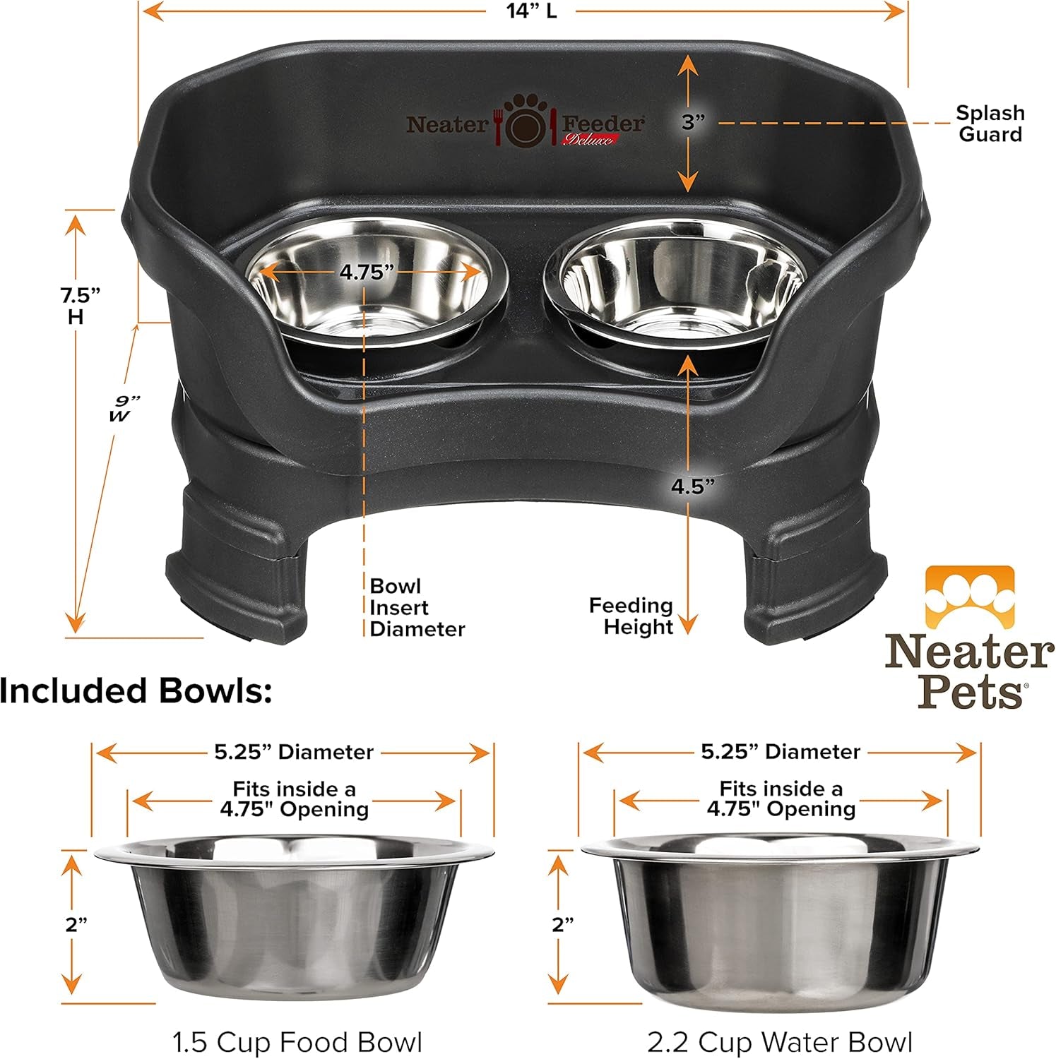 Neater Feeder Deluxe Elevated Dog Bowl Set for Small Breeds (Up to 19 lbs) – Adjustable Heights (6” & 7.5”), No-Spill Design, Stainless Steel Bowls, Made in USA, Black