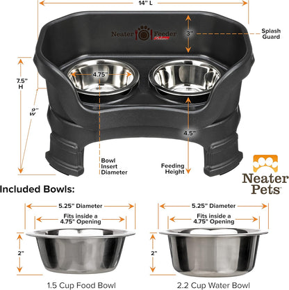 Neater Feeder Deluxe Elevated Dog Bowl Set for Small Breeds (Up to 19 lbs) – Adjustable Heights (6” & 7.5”), No-Spill Design, Stainless Steel Bowls, Made in USA, Black