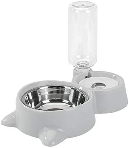 Double Pet Feeding Set with Detachable Stainless Steel Bowls and Automatic No-Spill Water Dispenser for Cats and Small Dogs (Gray)
