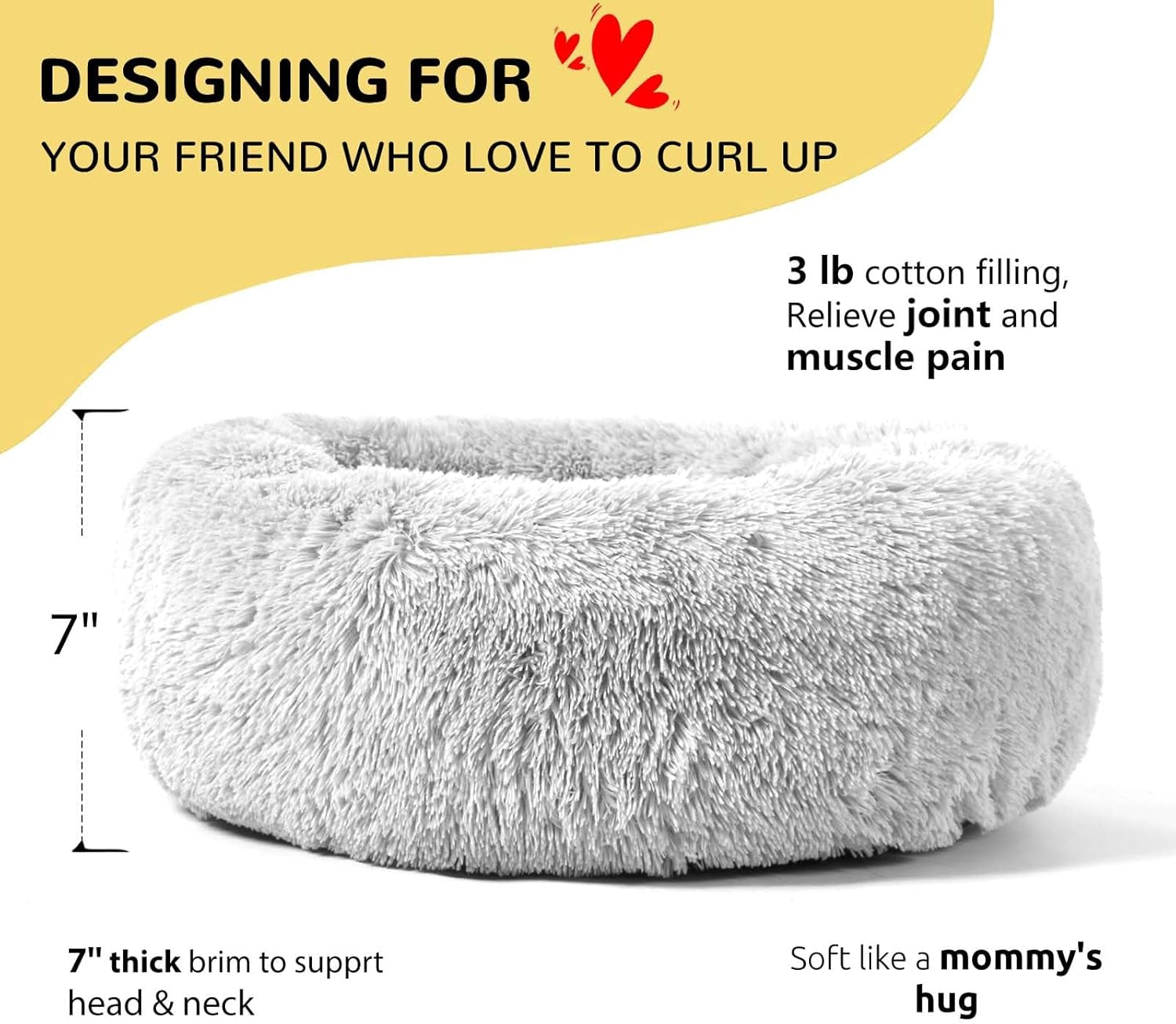 Calming Round Fluffy Cuddler Dog Bed for Large Breeds, Washable Gray Pet Bed, 30 inches