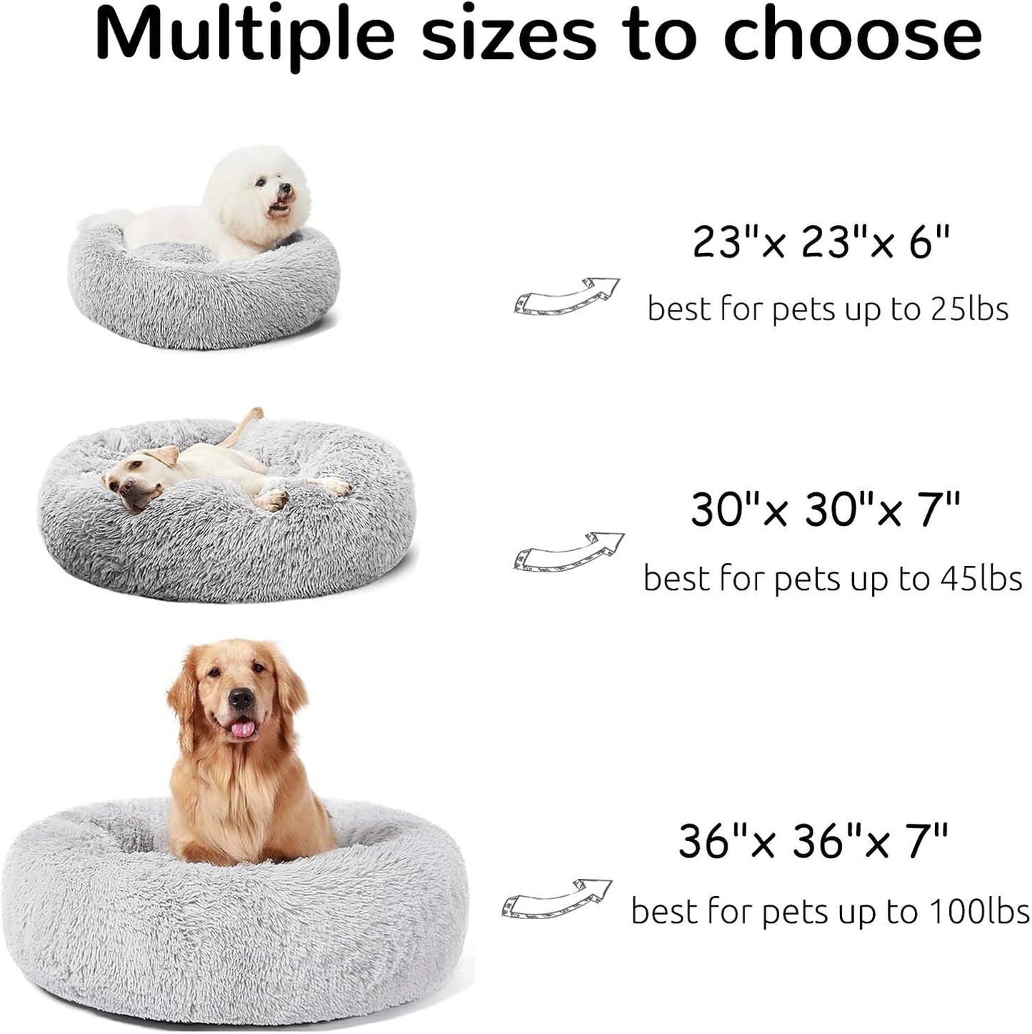 Calming Round Fluffy Cuddler Dog Bed for Large Breeds, Washable Gray Pet Bed, 30 inches