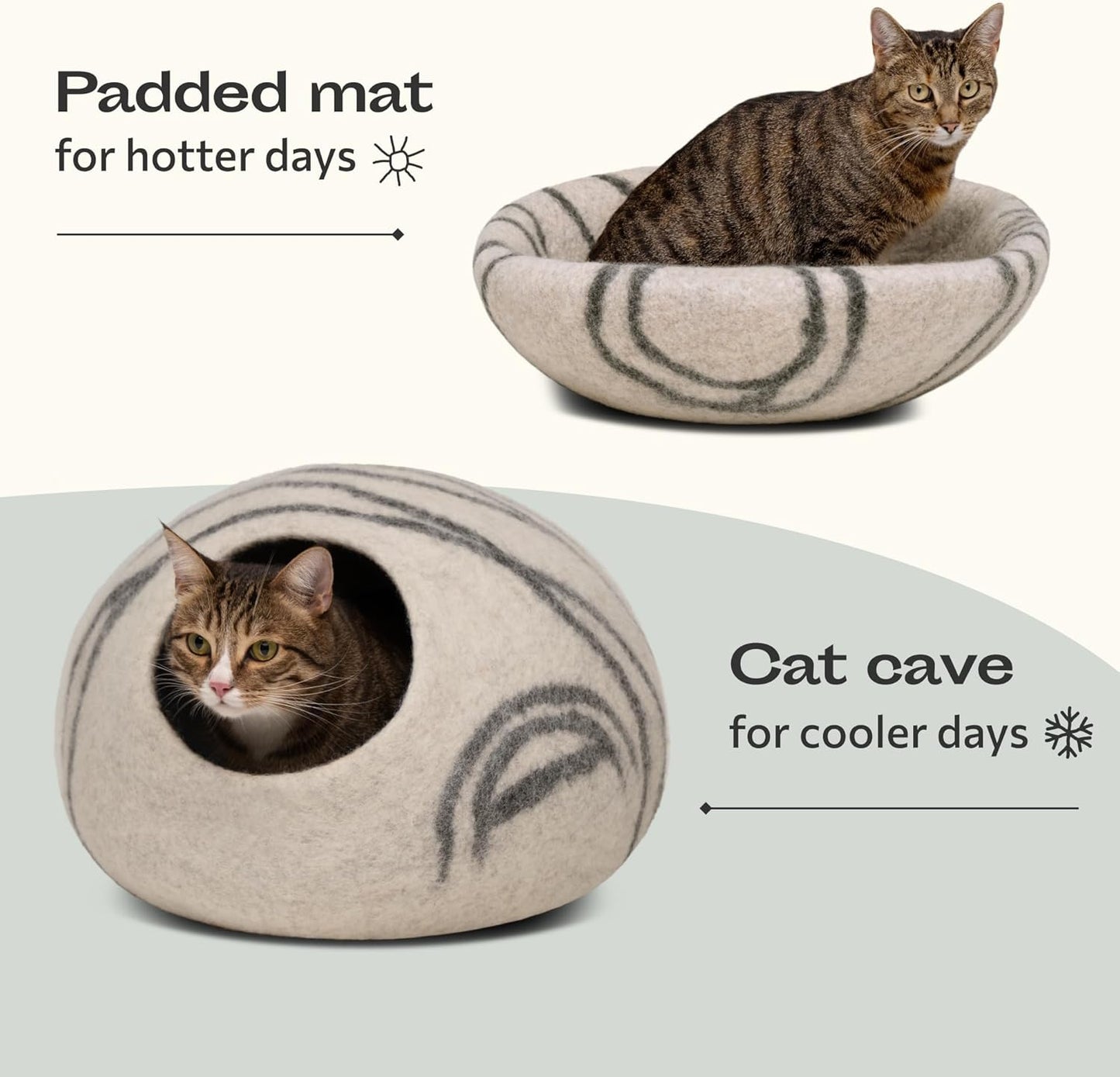 Premium Handmade Merino Wool Cat Cave Bed for Indoor Cats (Light Gray, Large)