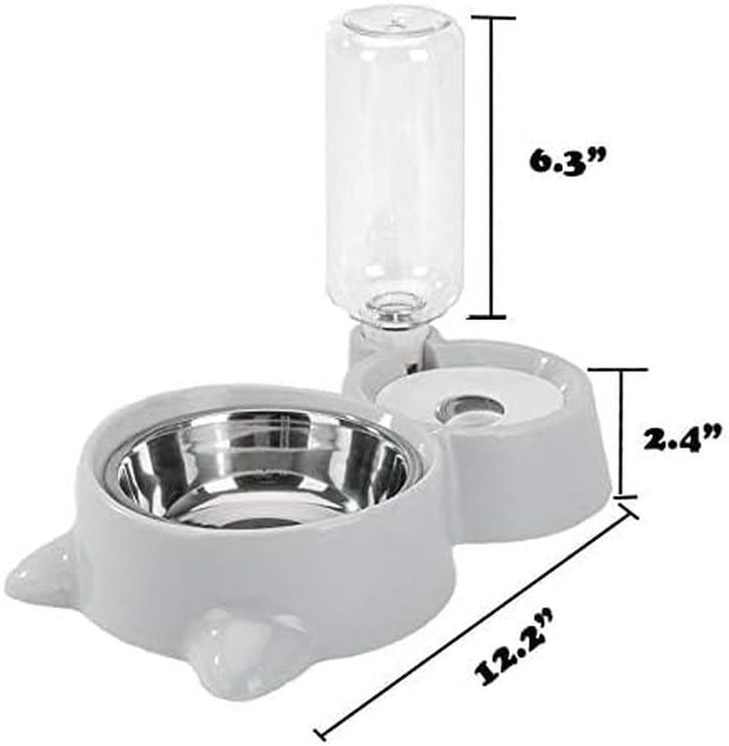 Double Pet Feeding Set with Detachable Stainless Steel Bowls and Automatic No-Spill Water Dispenser for Cats and Small Dogs (Gray)