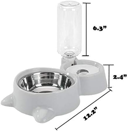 Double Pet Feeding Set with Detachable Stainless Steel Bowls and Automatic No-Spill Water Dispenser for Cats and Small Dogs (Gray)