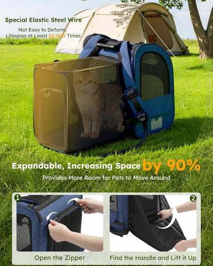 Expandable Cat Backpack Carrier for Small Pets up to 11 lbs - Breathable Mesh, Multi-Entry Design, and Lockable Zippers for Travel, Hiking, and Camping - Hands-Free Convenience in Blue