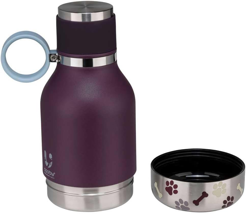 Stainless Steel Insulated Water Bottle with Removable Dog Water Bowl and Food Storage Bowl - Burgundy, 37 Oz Capacity
