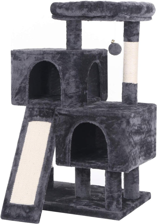 Premium Cat Tree Condo with Sisal Scratching Posts, Plush Perches, Dual Houses, and Activity Center for Kittens - Grey MMJ10B