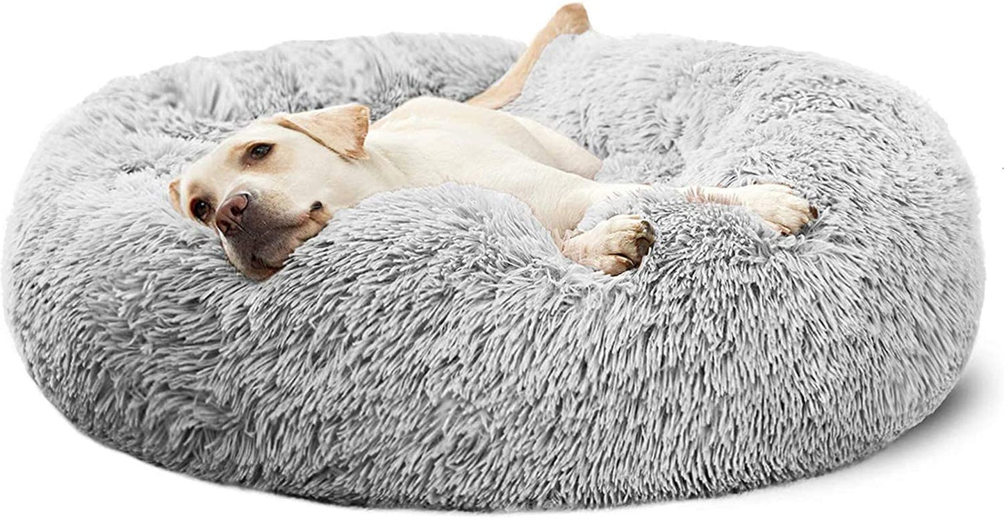Calming Round Fluffy Cuddler Dog Bed for Large Breeds, Washable Gray Pet Bed, 30 inches