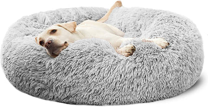 Calming Round Fluffy Cuddler Dog Bed for Large Breeds, Washable Gray Pet Bed, 30 inches