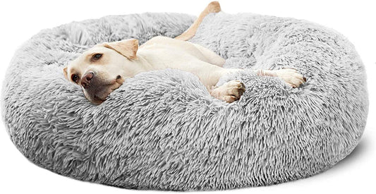 Calming Round Fluffy Cuddler Dog Bed for Large Breeds, Washable Gray Pet Bed, 30 inches