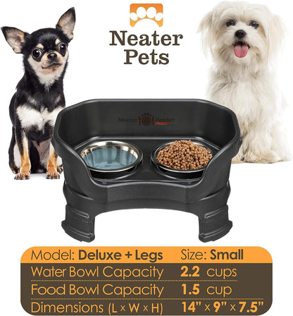 Neater Feeder Deluxe Elevated Dog Bowl Set for Small Breeds (Up to 19 lbs) – Adjustable Heights (6” & 7.5”), No-Spill Design, Stainless Steel Bowls, Made in USA, Black