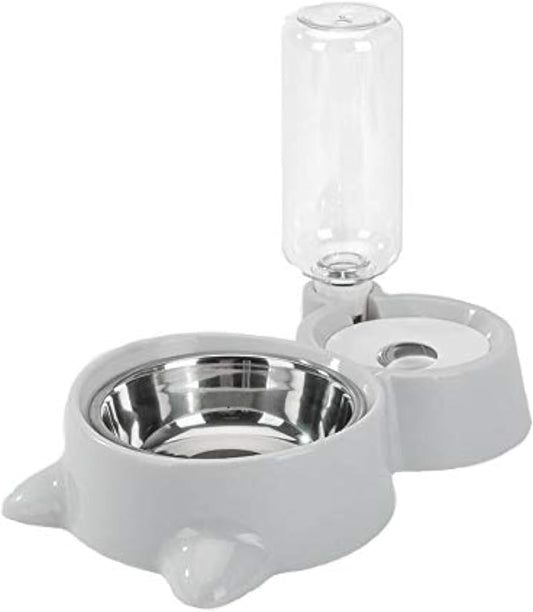 Double Pet Feeding Set with Detachable Stainless Steel Bowls and Automatic No-Spill Water Dispenser for Cats and Small Dogs (Gray)