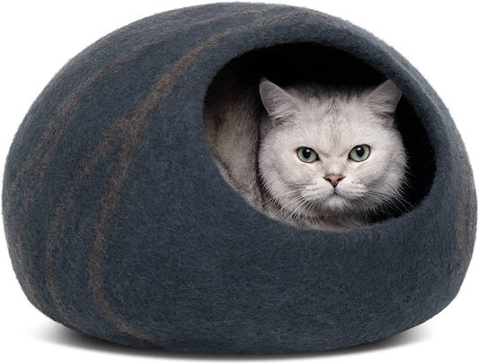 Premium Handmade Merino Wool Cat Cave Bed for Indoor Cats - Large Size in Slate Gray