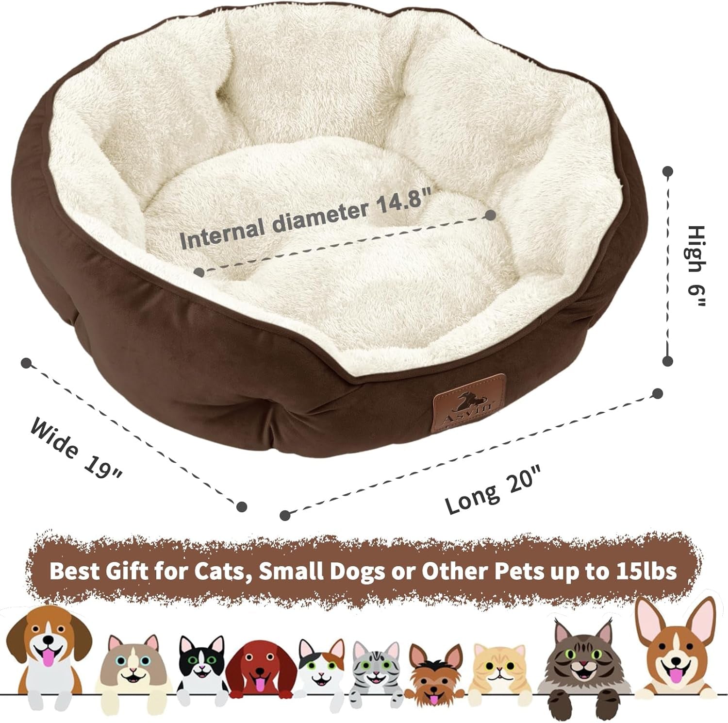 Premium 20-Inch Small Dog and Cat Bed, Extra Soft and Machine Washable with Anti-Slip and Water-Resistant Oxford Base, Brown