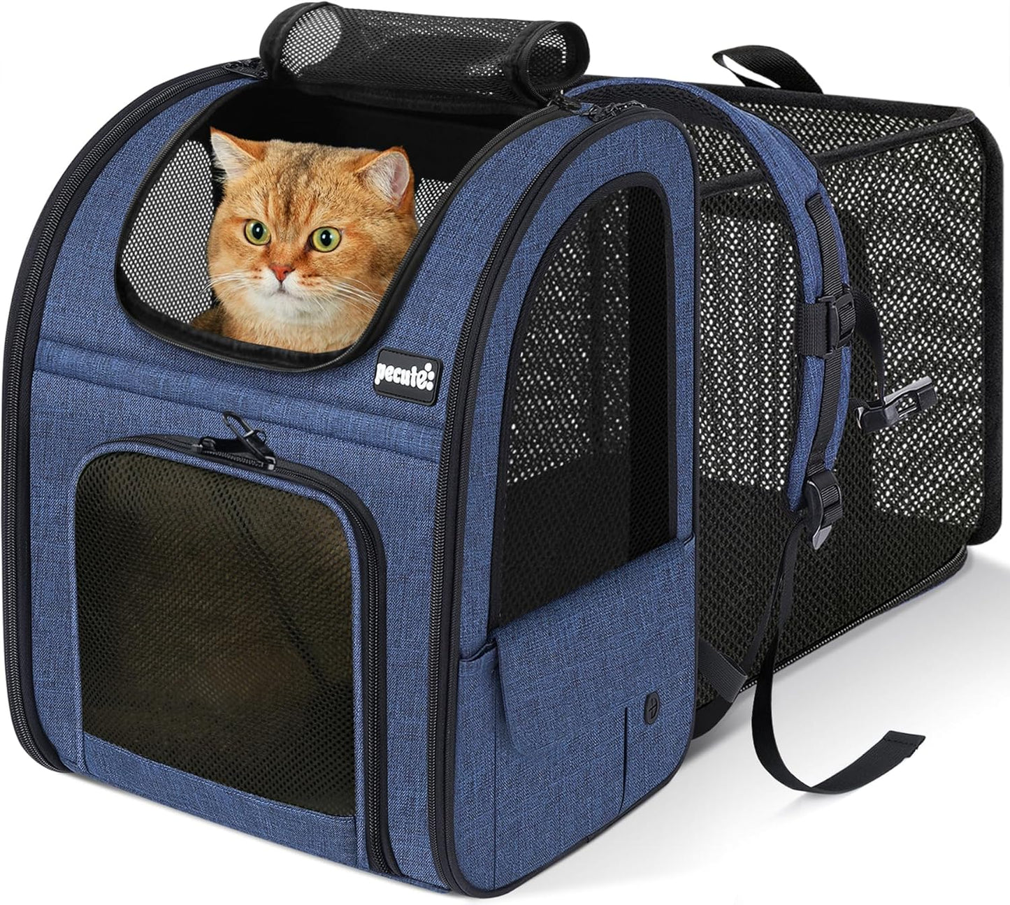 Expandable Cat Backpack Carrier for Small Pets up to 11 lbs - Breathable Mesh, Multi-Entry Design, and Lockable Zippers for Travel, Hiking, and Camping - Hands-Free Convenience in Blue