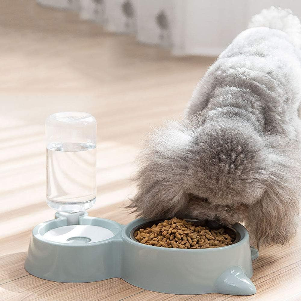 Double Pet Feeding Set with Detachable Stainless Steel Bowls and Automatic No-Spill Water Dispenser for Cats and Small Dogs (Gray)