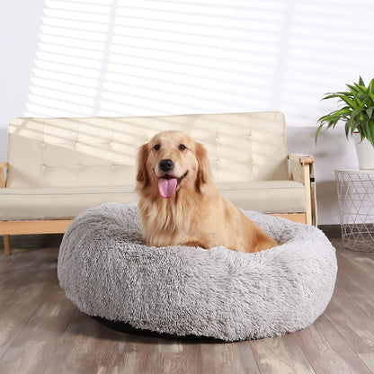 Calming Round Fluffy Cuddler Dog Bed for Large Breeds, Washable Gray Pet Bed, 30 inches