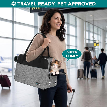 TSA Approved Soft-Sided Pet Carrier for Small Dogs and Cats, Heather Grey Travel Tote with Pockets, Ventilation, Bed, and Shoulder Strap, Maximum Weight 12 lbs