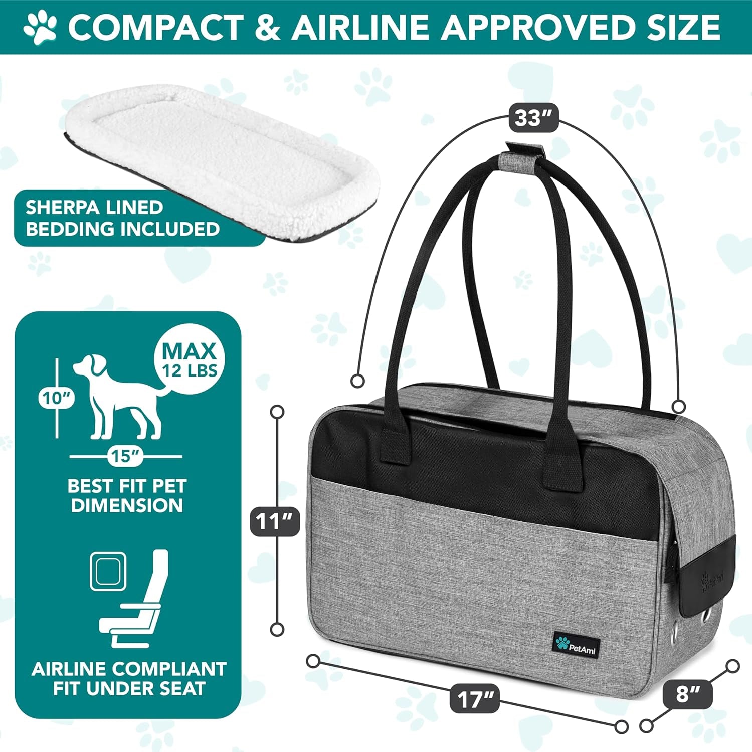 TSA Approved Soft-Sided Pet Carrier for Small Dogs and Cats, Heather Grey Travel Tote with Pockets, Ventilation, Bed, and Shoulder Strap, Maximum Weight 12 lbs