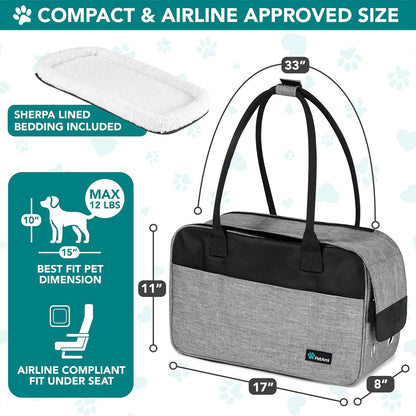 TSA Approved Soft-Sided Pet Carrier for Small Dogs and Cats, Heather Grey Travel Tote with Pockets, Ventilation, Bed, and Shoulder Strap, Maximum Weight 12 lbs