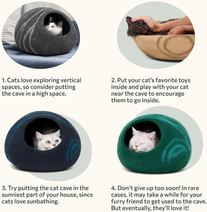 Premium Handmade Merino Wool Cat Cave Bed for Indoor Cats (Light Gray, Large)