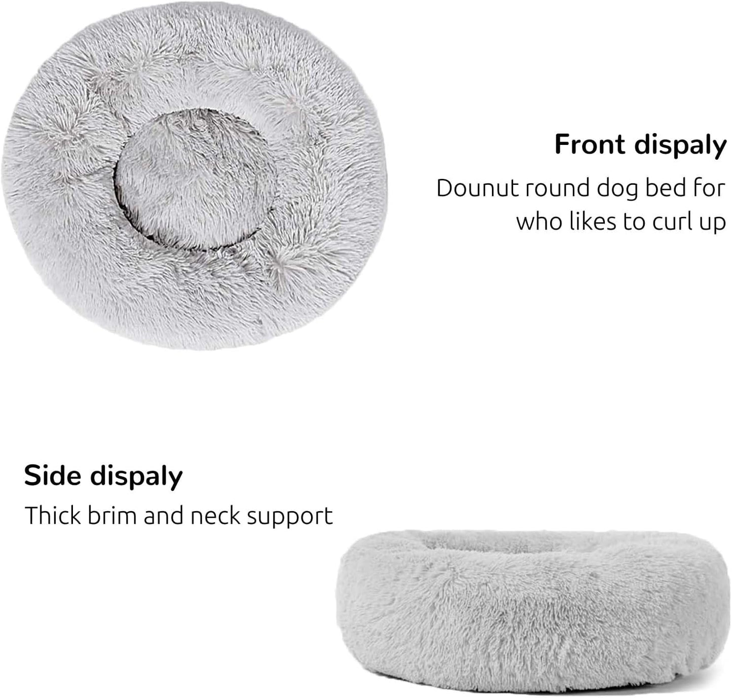 Calming Round Fluffy Cuddler Dog Bed for Large Breeds, Washable Gray Pet Bed, 30 inches