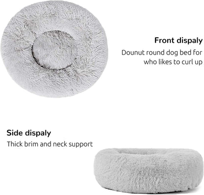 Calming Round Fluffy Cuddler Dog Bed for Large Breeds, Washable Gray Pet Bed, 30 inches