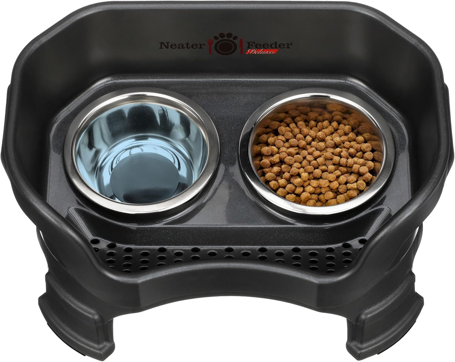 Neater Feeder Deluxe Elevated Dog Bowl Set for Small Breeds (Up to 19 lbs) – Adjustable Heights (6” & 7.5”), No-Spill Design, Stainless Steel Bowls, Made in USA, Black