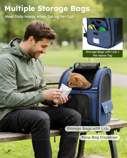 Expandable Cat Backpack Carrier for Small Pets up to 11 lbs - Breathable Mesh, Multi-Entry Design, and Lockable Zippers for Travel, Hiking, and Camping - Hands-Free Convenience in Blue