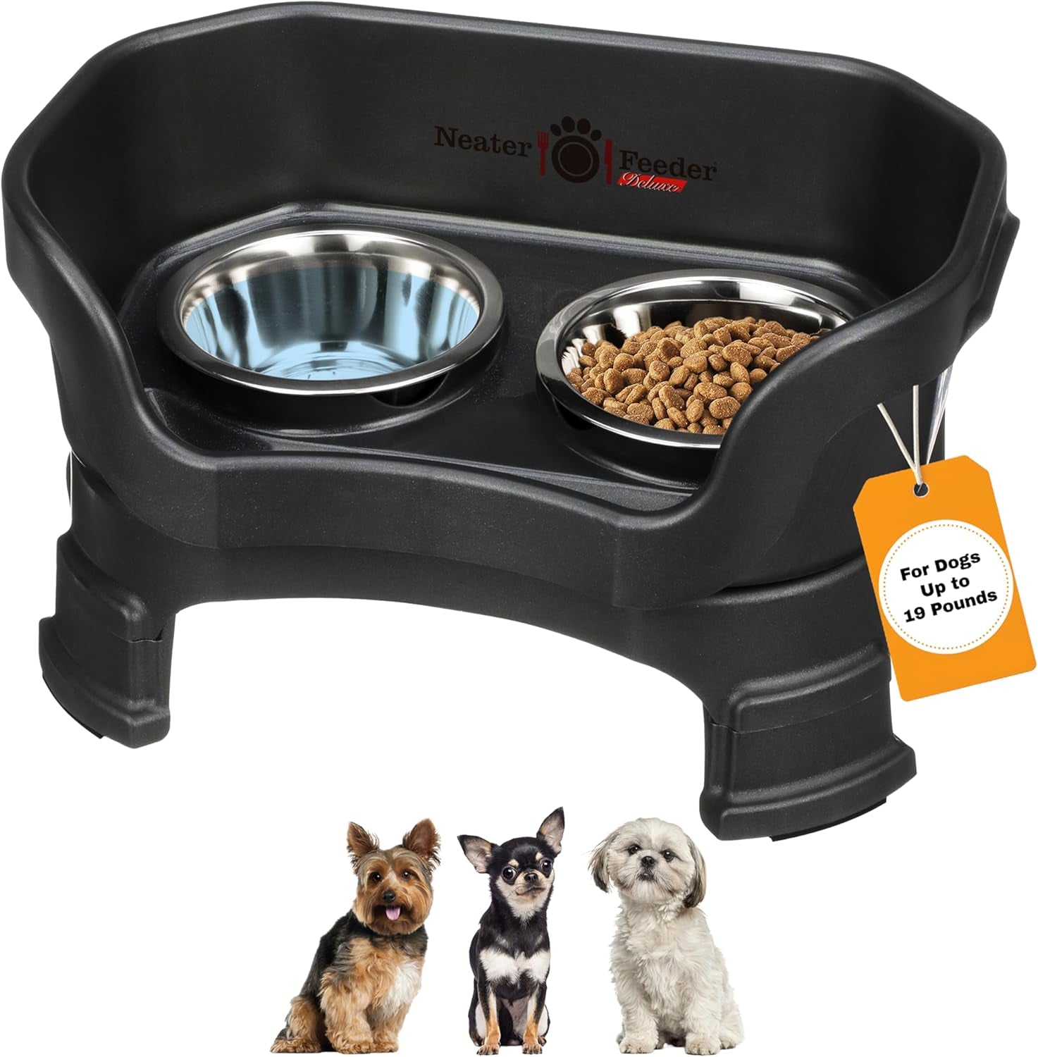 Neater Feeder Deluxe Elevated Dog Bowl Set for Small Breeds (Up to 19 lbs) – Adjustable Heights (6” & 7.5”), No-Spill Design, Stainless Steel Bowls, Made in USA, Black