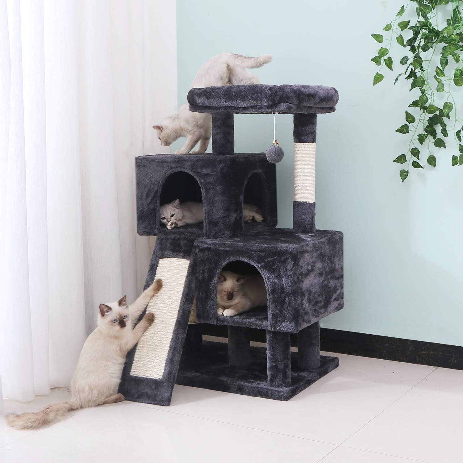 Premium Cat Tree Condo with Sisal Scratching Posts, Plush Perches, Dual Houses, and Activity Center for Kittens - Grey MMJ10B