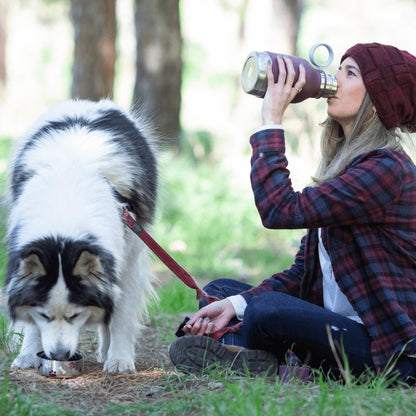 Stainless Steel Insulated Water Bottle with Removable Dog Water Bowl and Food Storage Bowl - Burgundy, 37 Oz Capacity
