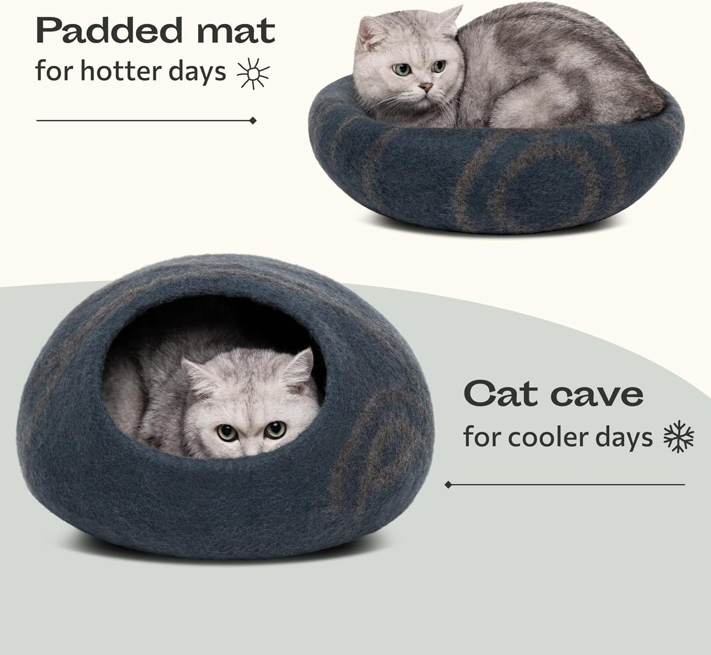 Premium Handmade Merino Wool Cat Cave Bed for Indoor Cats - Large Size in Slate Gray