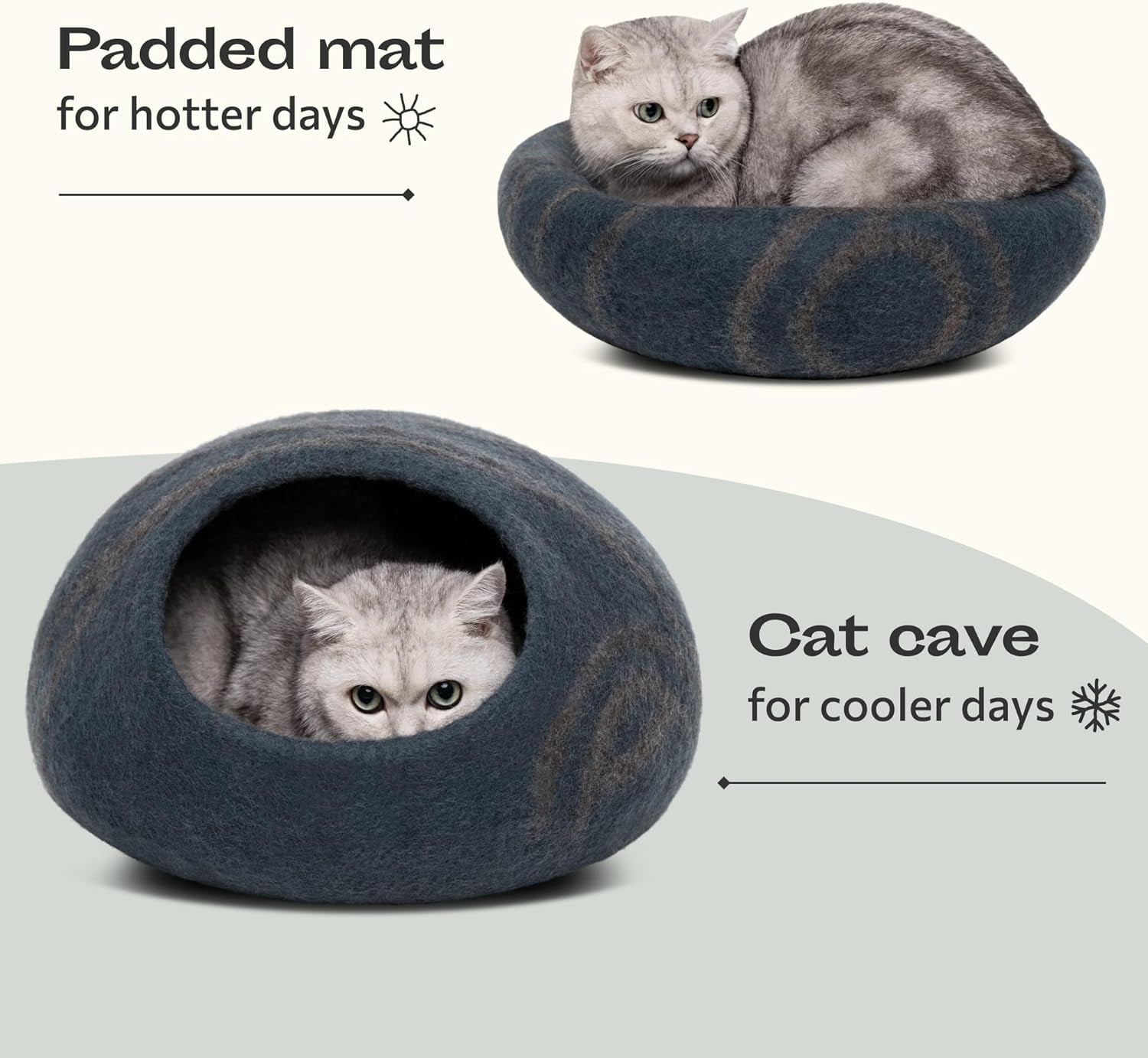 Premium Handmade Merino Wool Cat Cave Bed for Indoor Cats - Large Size in Slate Gray