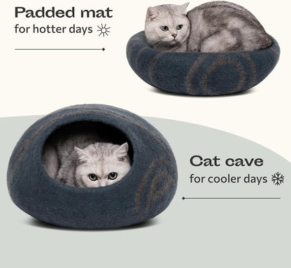 Premium Handmade Merino Wool Cat Cave Bed for Indoor Cats - Large Size in Slate Gray