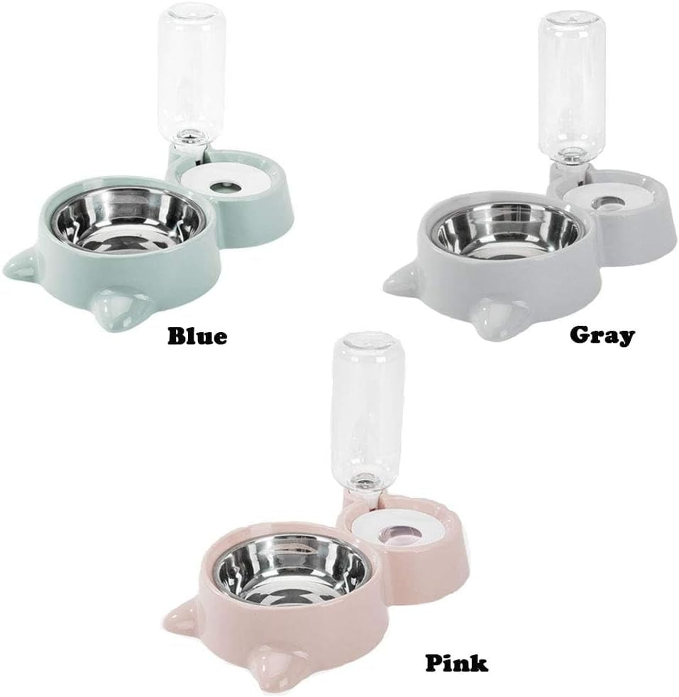 Double Pet Feeding Set with Detachable Stainless Steel Bowls and Automatic No-Spill Water Dispenser for Cats and Small Dogs (Gray)