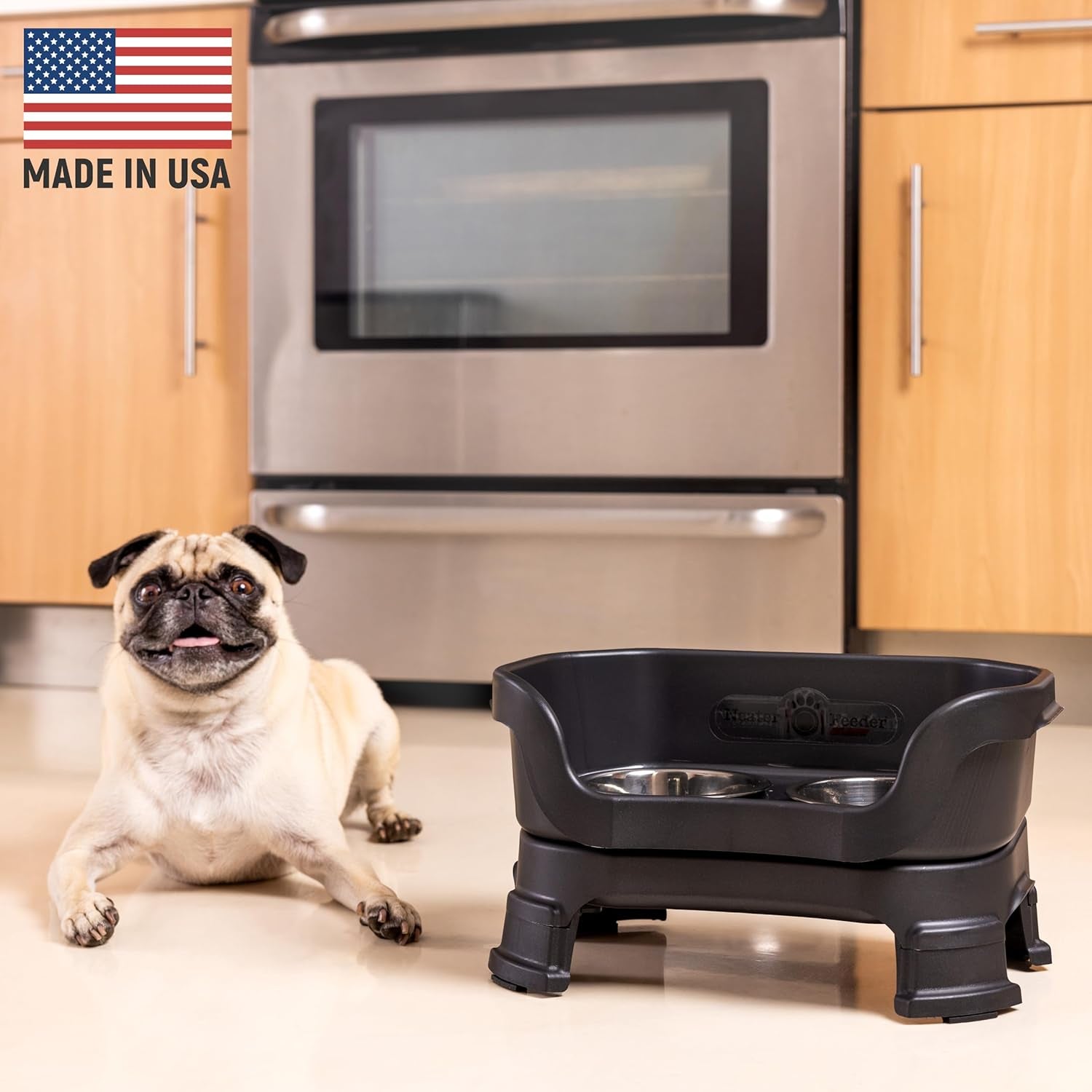 Neater Feeder Deluxe Elevated Dog Bowl Set for Small Breeds (Up to 19 lbs) – Adjustable Heights (6” & 7.5”), No-Spill Design, Stainless Steel Bowls, Made in USA, Black