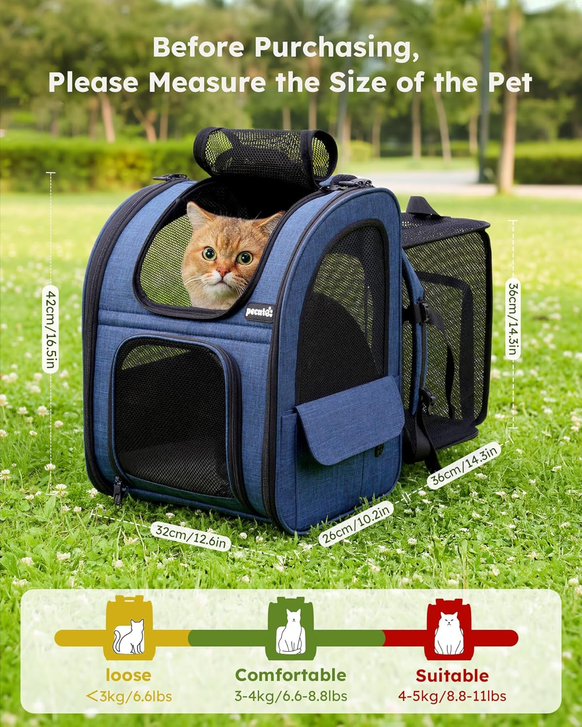 Expandable Cat Backpack Carrier for Small Pets up to 11 lbs - Breathable Mesh, Multi-Entry Design, and Lockable Zippers for Travel, Hiking, and Camping - Hands-Free Convenience in Blue