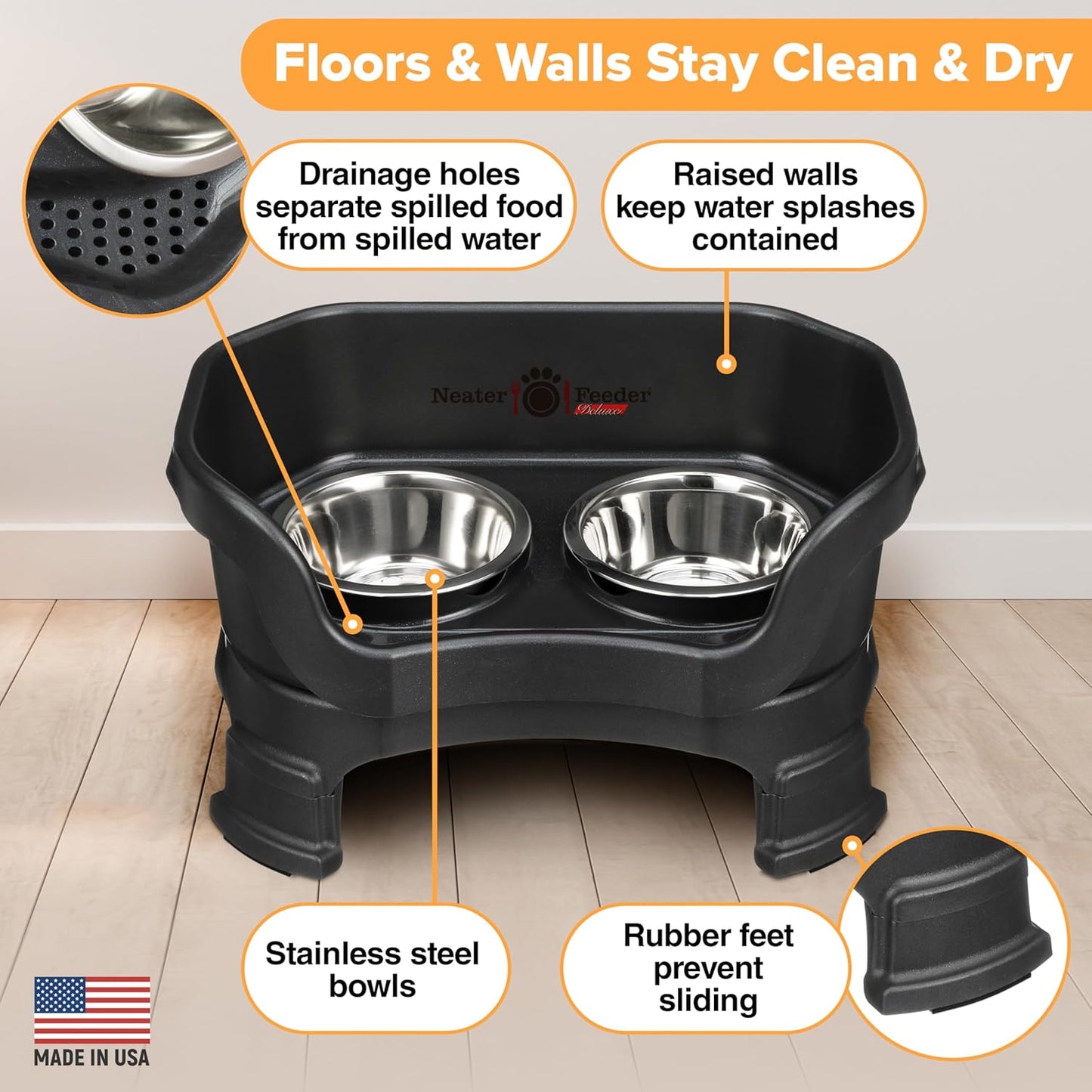 Neater Feeder Deluxe Elevated Dog Bowl Set for Small Breeds (Up to 19 lbs) – Adjustable Heights (6” & 7.5”), No-Spill Design, Stainless Steel Bowls, Made in USA, Black
