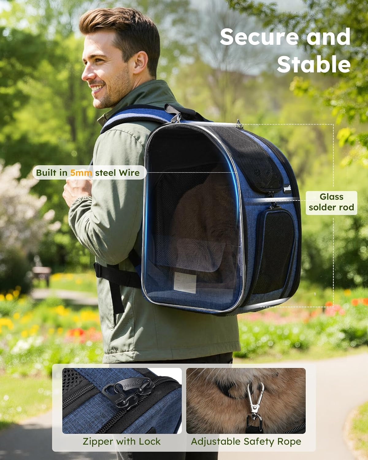Expandable Cat Backpack Carrier for Small Pets up to 11 lbs - Breathable Mesh, Multi-Entry Design, and Lockable Zippers for Travel, Hiking, and Camping - Hands-Free Convenience in Blue