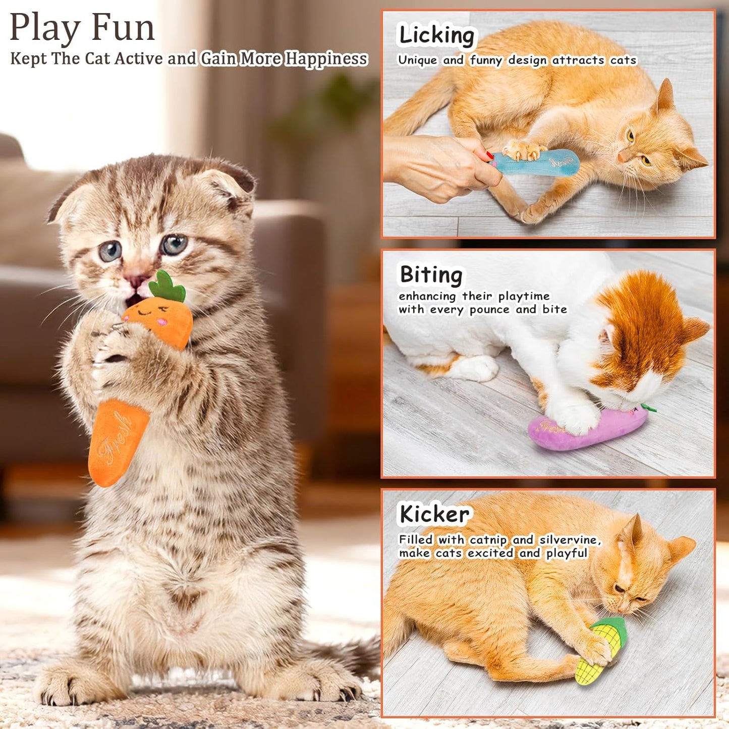 Catnip Cat Toys, 5 Pack, Plush Catnip Toys for Indoor Cats Kitty, Interactive Cat Nip Kitten Kicker Chew Safe Teeth Cleaning Toys, Fun Carrot Vegetable Shape