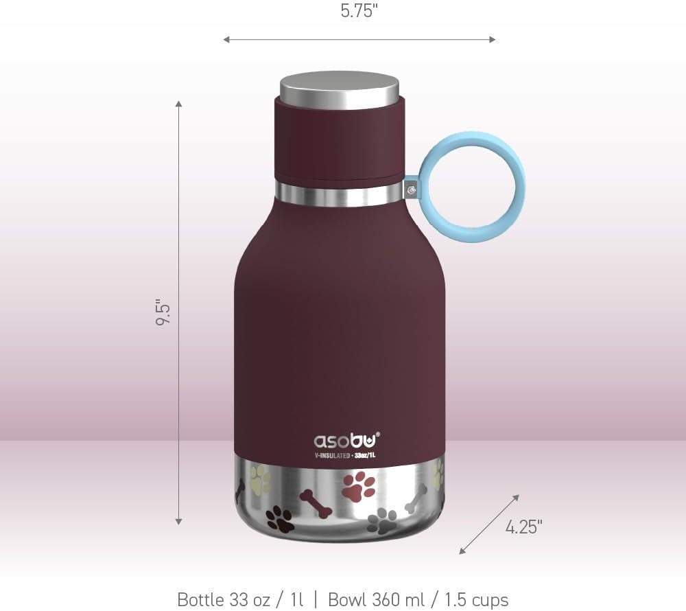 Stainless Steel Insulated Water Bottle with Removable Dog Water Bowl and Food Storage Bowl - Burgundy, 37 Oz Capacity