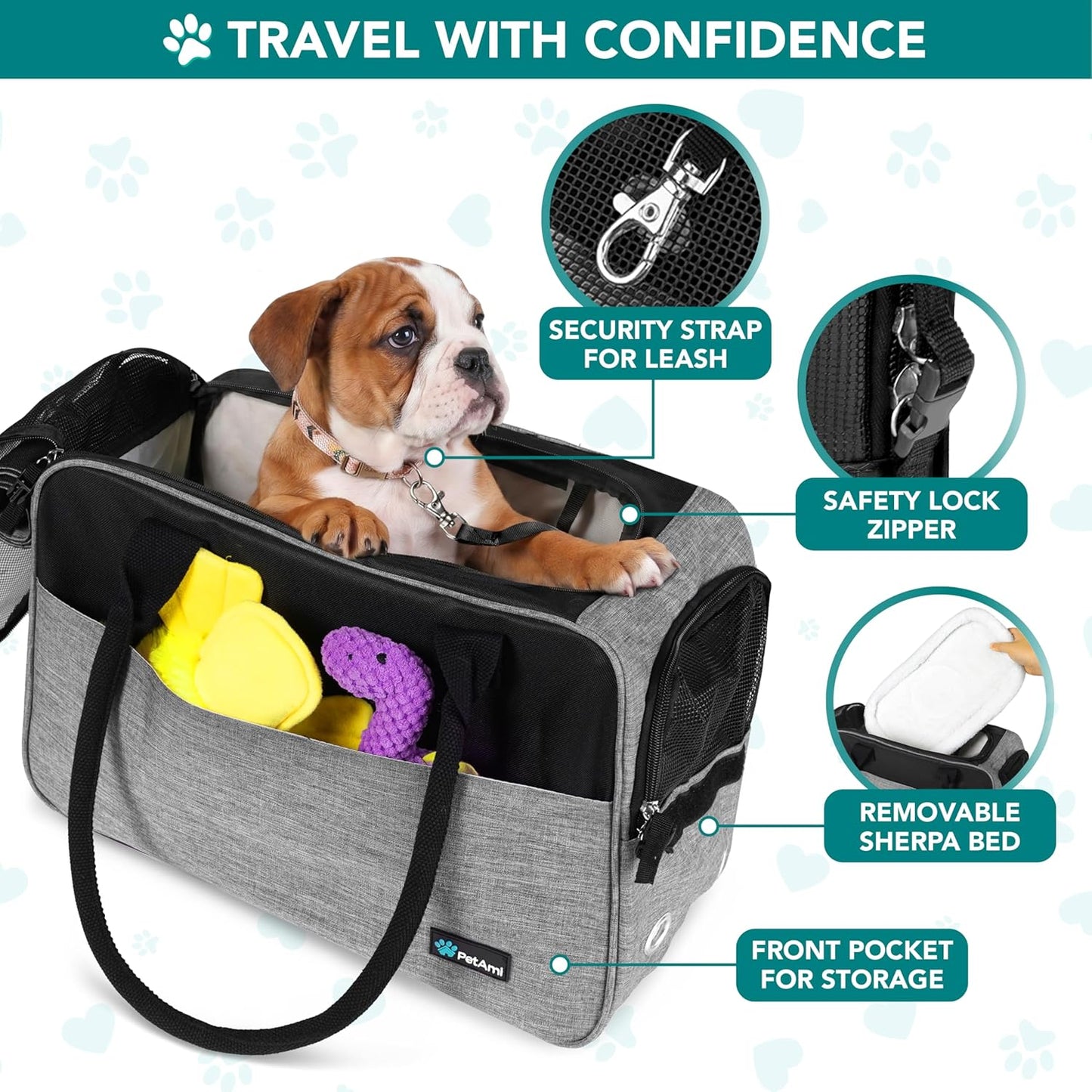 TSA Approved Soft-Sided Pet Carrier for Small Dogs and Cats, Heather Grey Travel Tote with Pockets, Ventilation, Bed, and Shoulder Strap, Maximum Weight 12 lbs