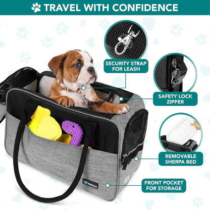 TSA Approved Soft-Sided Pet Carrier for Small Dogs and Cats, Heather Grey Travel Tote with Pockets, Ventilation, Bed, and Shoulder Strap, Maximum Weight 12 lbs