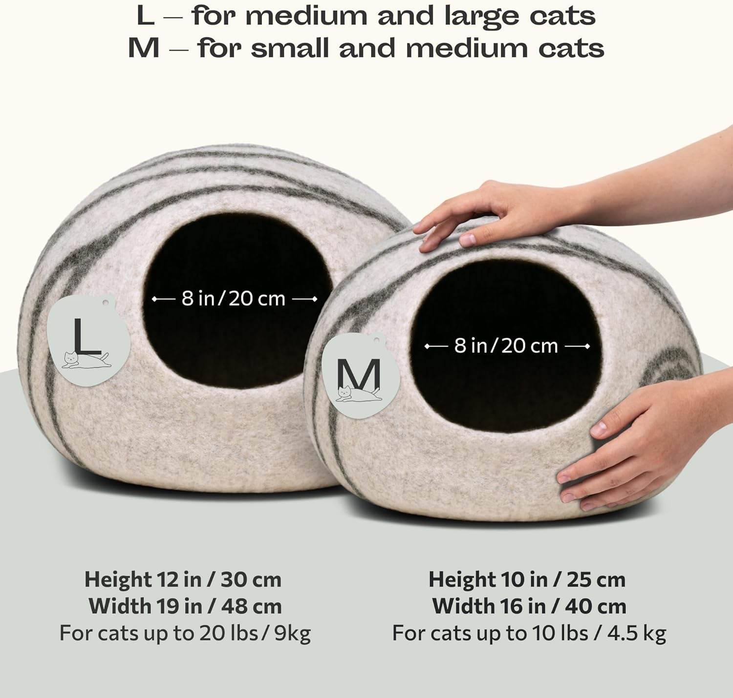 Premium Handmade Merino Wool Cat Cave Bed for Indoor Cats (Light Gray, Large)