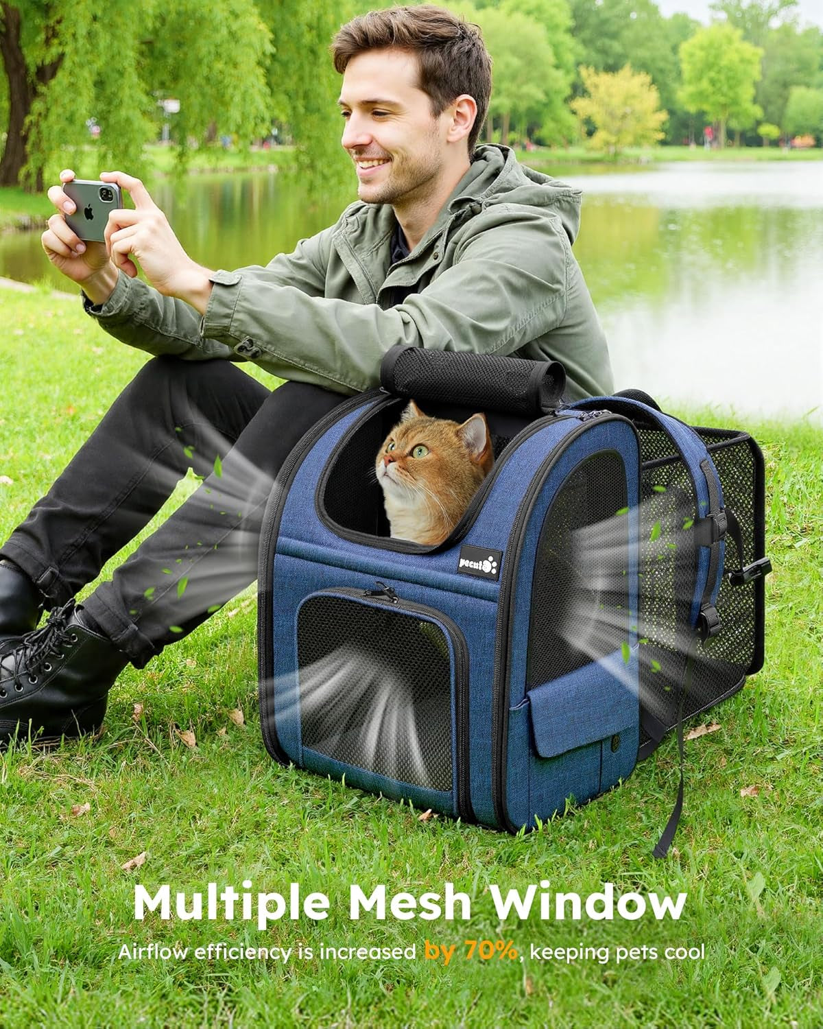 Expandable Cat Backpack Carrier for Small Pets up to 11 lbs - Breathable Mesh, Multi-Entry Design, and Lockable Zippers for Travel, Hiking, and Camping - Hands-Free Convenience in Blue