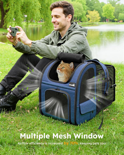 Expandable Cat Backpack Carrier for Small Pets up to 11 lbs - Breathable Mesh, Multi-Entry Design, and Lockable Zippers for Travel, Hiking, and Camping - Hands-Free Convenience in Blue