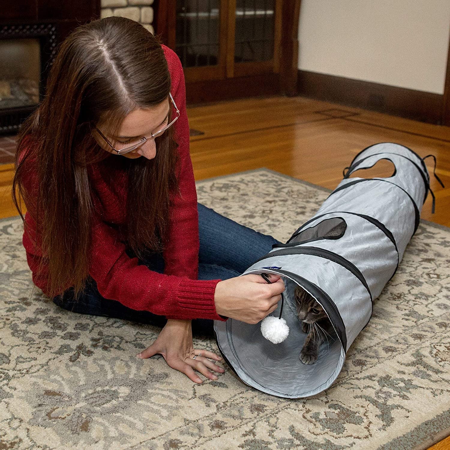 Indoor Cat Tunnel - Collapsible Pop-Up Pet Tube with Peek Holes and Ball Toy